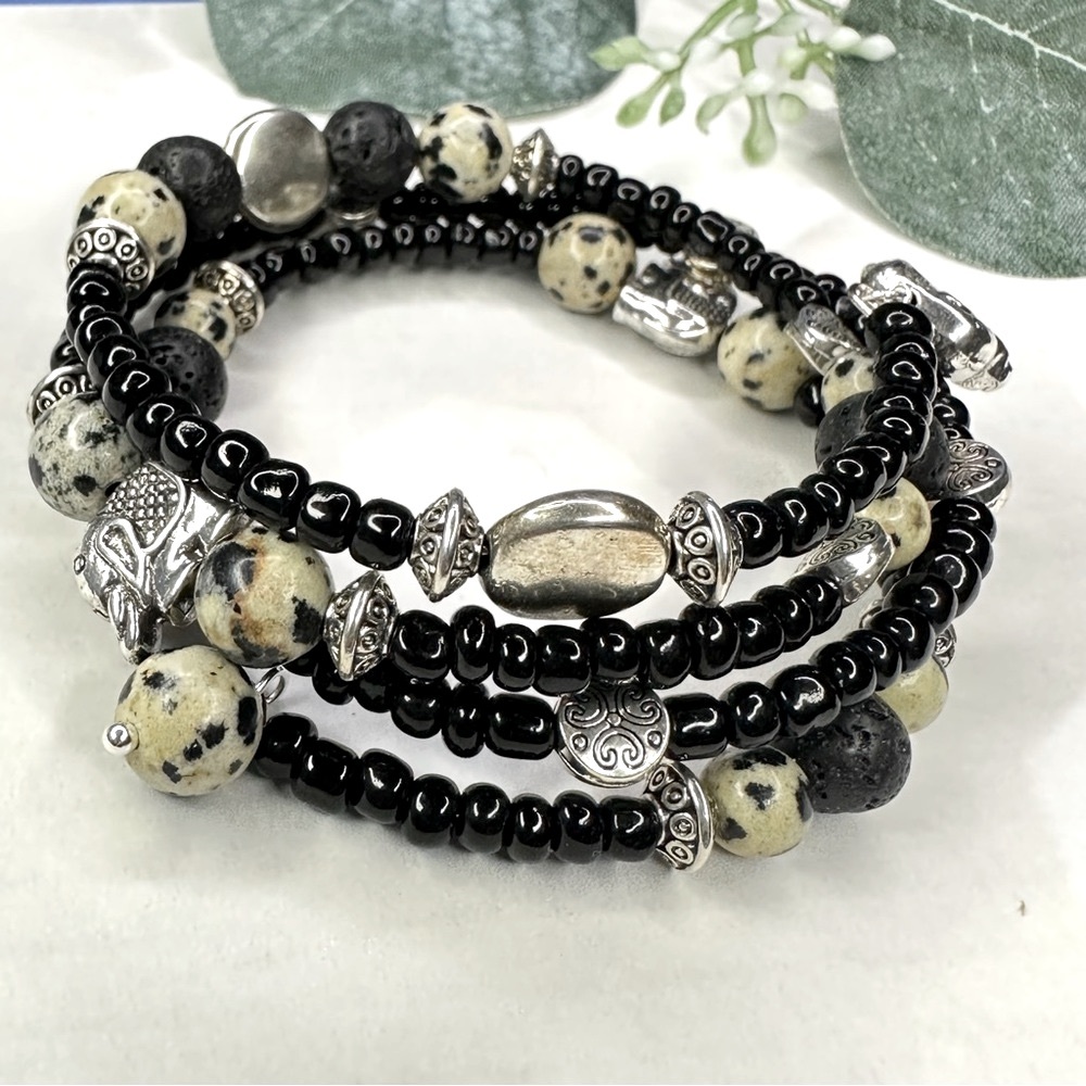 Silver Elephant, Dalmatian Jasper and Sea Foam Cuff Coil Bracelet